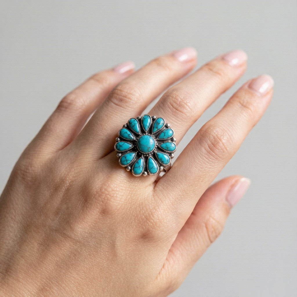 Turquoise floral ring worn on hand - lifestyle