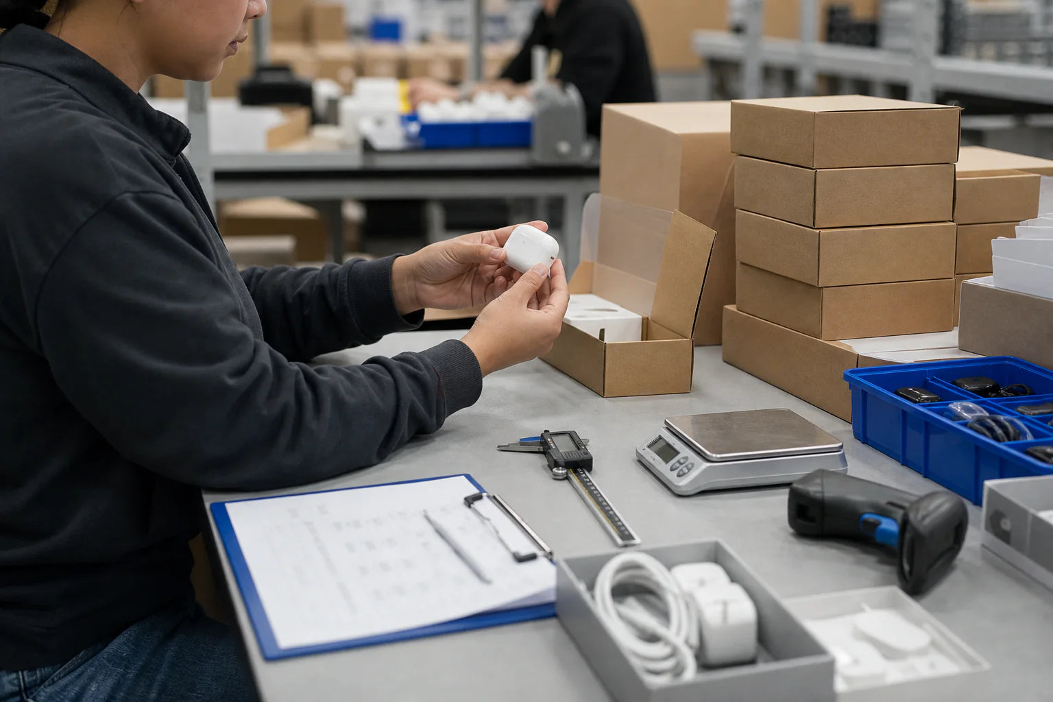 Worker checking an ecommerce product at an inspection workstation