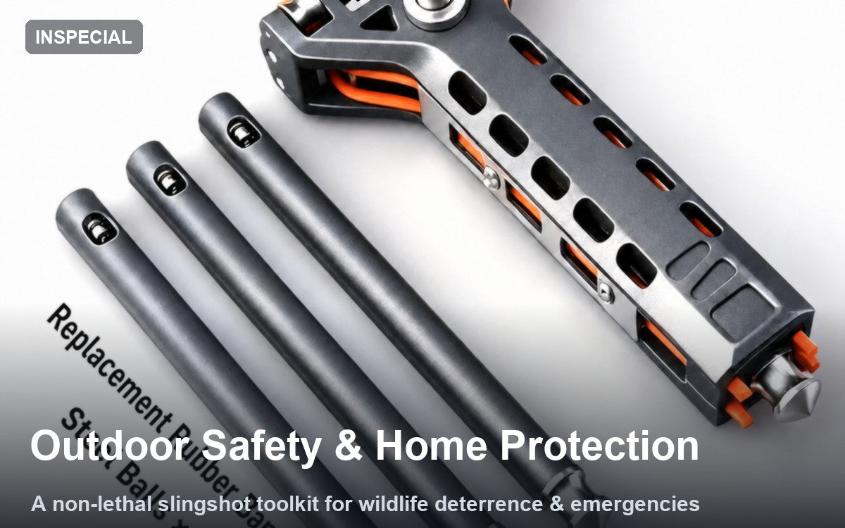 Outdoor safety and home protection toolkit with a non-lethal rapid-fire slingshot