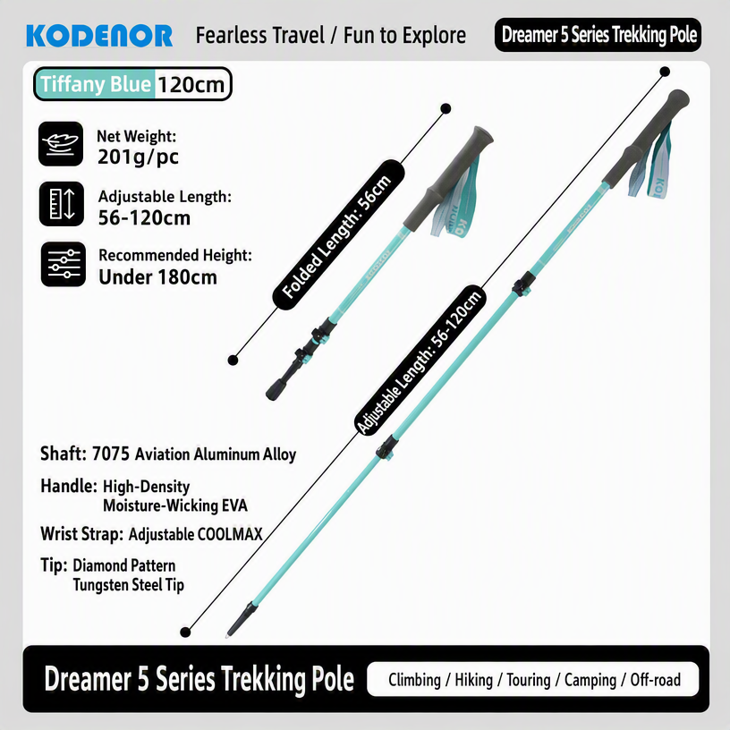 Dreamer 5 Series Trekking Pole - 7075 Aviation Aluminum Alloy, Adjustable Length 56-120cm, Ultra-light 201g