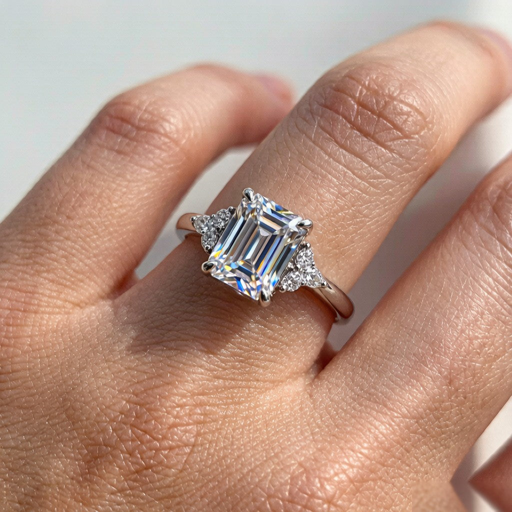 S925 silver emerald cut moissanite ring worn on hand