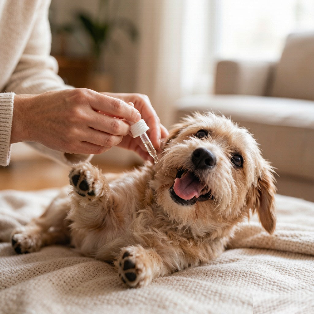 Applying dog body care drops to pet - lifestyle