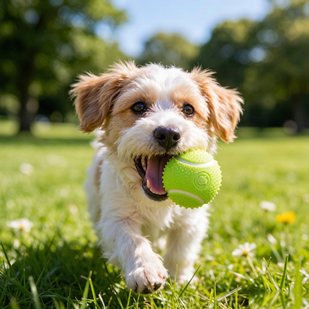 Small dog playing with rubber toy ball - lifestyle