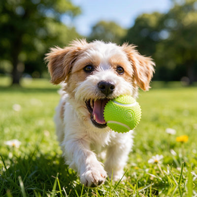 Small dog playing with rubber toy ball - lifestyle