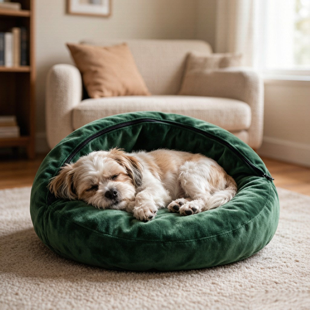 Dog sleeping on crescent plush pillow - lifestyle