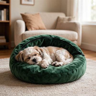 Dog sleeping on crescent plush pillow - lifestyle