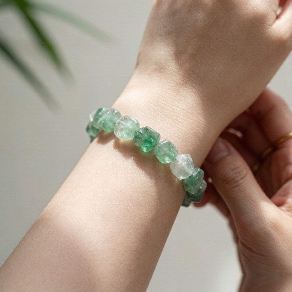 Natural green fluorite bracelet worn on wrist - lifestyle