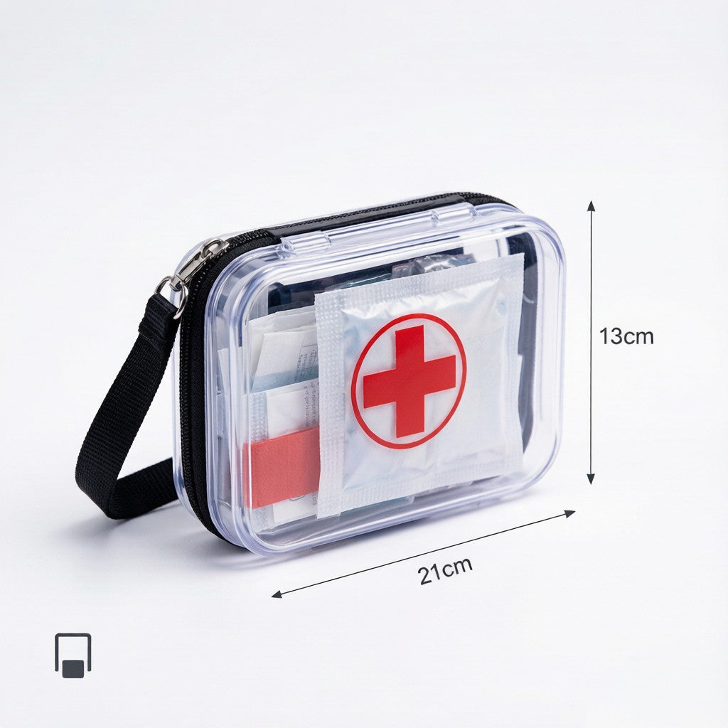 Compact EVA first-aid kit with clear case and supplies inside
