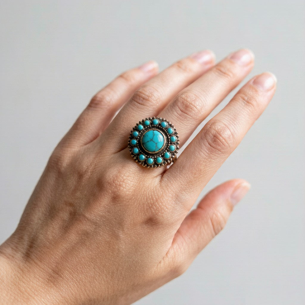 Bohemian turquoise ring worn on hand - lifestyle