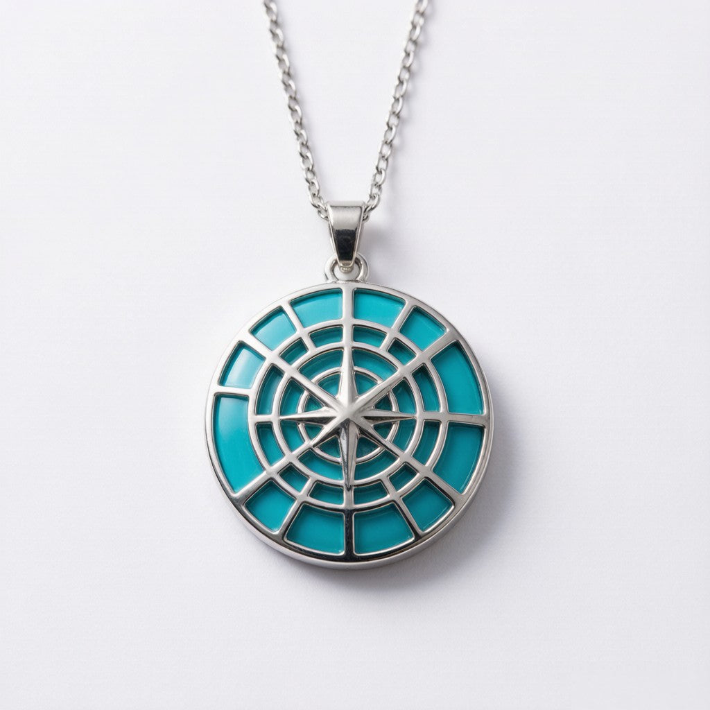 Retro round turquoise compass necklace - flat lay detail