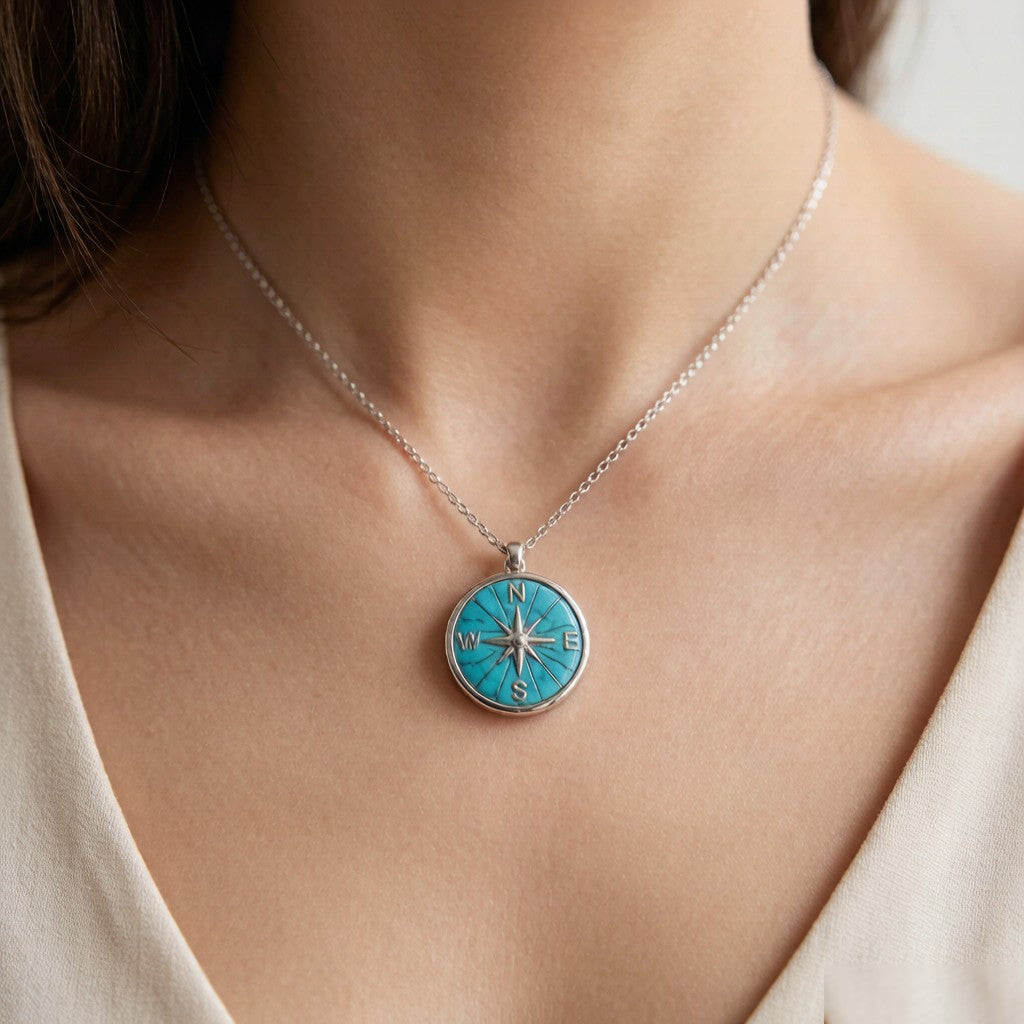 Turquoise compass necklace worn on neckline - lifestyle
