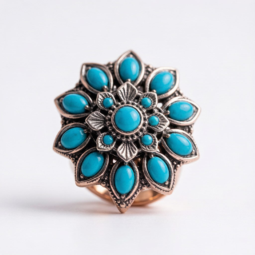 Turquoise and silver floral ring - macro detail