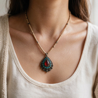 Waterdrop teardrop necklace worn - lifestyle