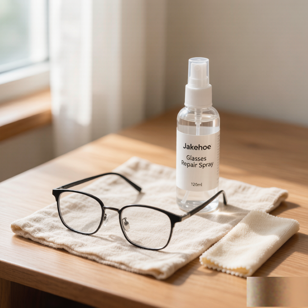 Lifestyle scene - spray with eyeglasses on wooden desk