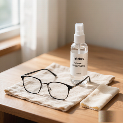 Lifestyle scene - spray with eyeglasses on wooden desk